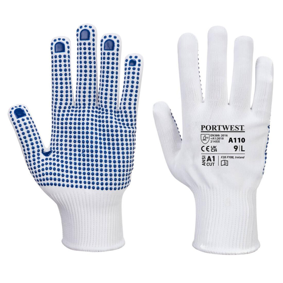 (S, White/Blue) Portwest Unisex Adult A110 Polka Dot Grip Gloves