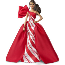 Barbie 2019 -juhlinukke, 11,5-tuumainen brunette, yll    n punainen ja valkoinen iltapuku, nukenjalusta ja aitoustodistus