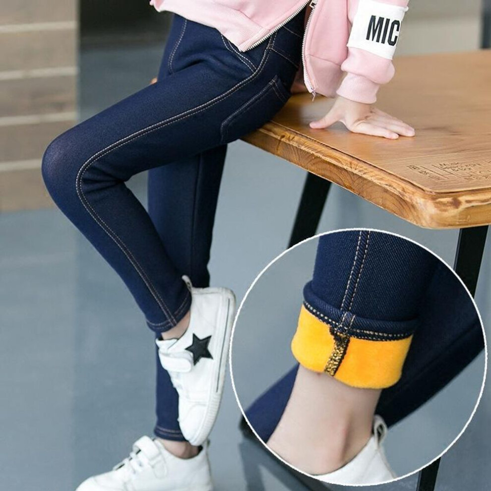 (blue, 4T) 3-11years Winter Pants For Girls Children Hot Warm Leggings Kids Slim Trousers Thick Velvet Jeans Baby Girl Stretch Pencil Pants
