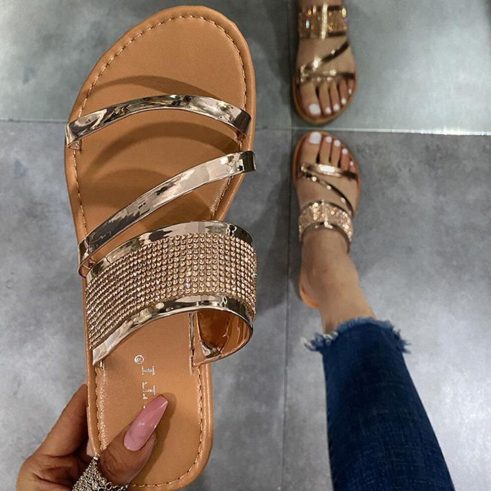 (gold, 42) Summer New Style Roman Rhinestone Flat Outdoor Rhinestone Slippers Large Size Slippers Solid Color Women Flat Beach Slippers