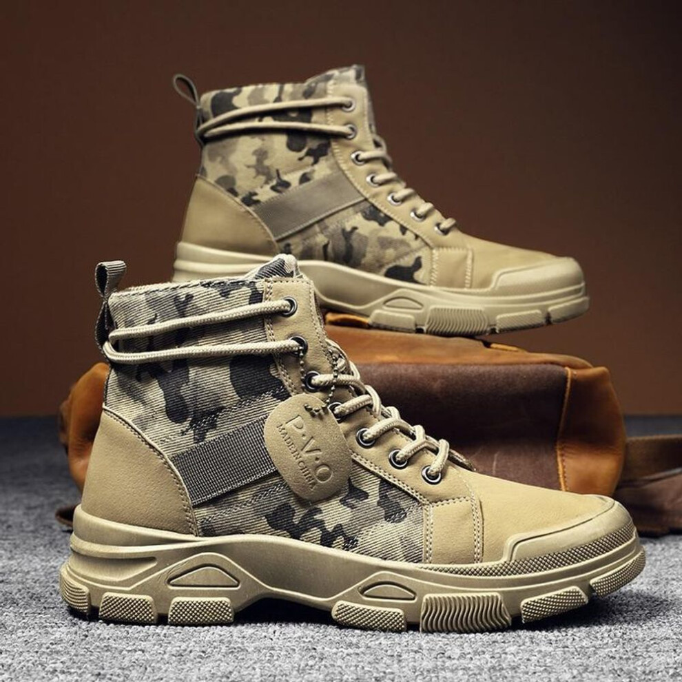 (khaki, 41) Spring Autumn Boots For Men High-top Sneakers Non-slip Work Shoes