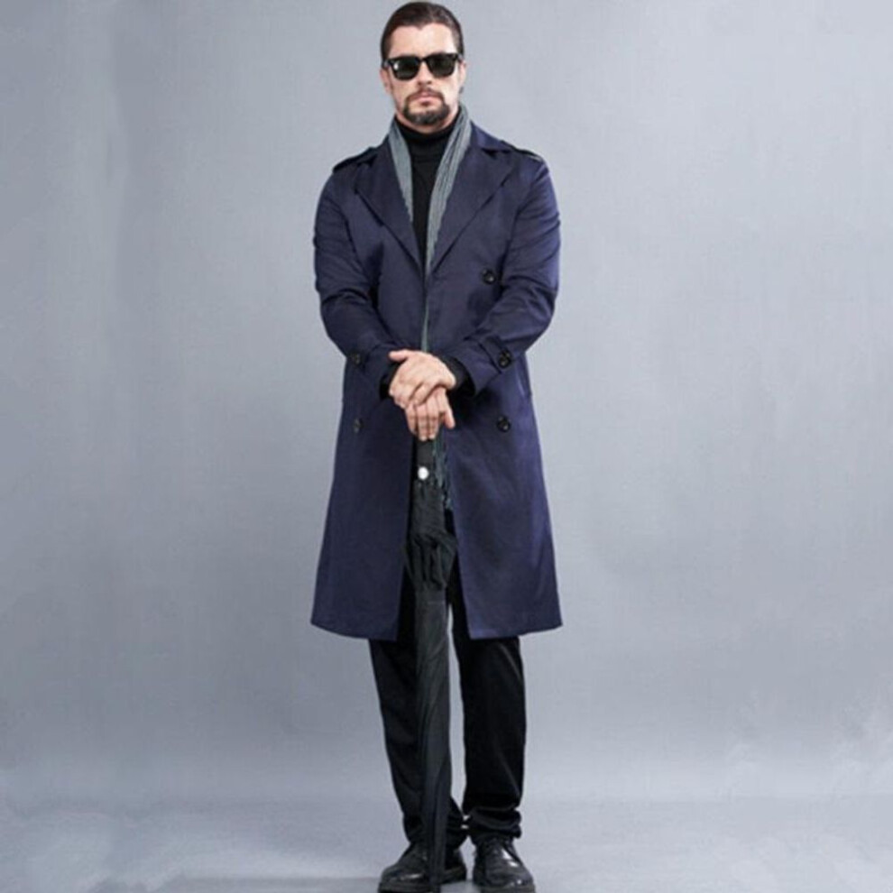 (navy, 6XL) Men&apos;s Long Trench Coat Spring Autumn Double Breasted Business Windbreaker Coat S-6xl