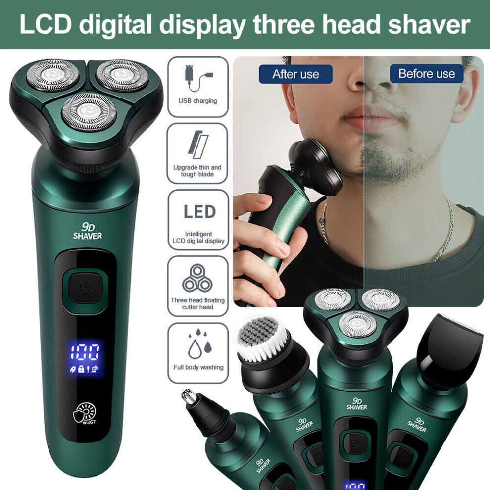 Green 4 In 1 Mens Electric Shaver Razor Wet/Dry Rechargeable Rotary Cordless Charging