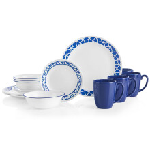 Corelle Cobalt Circles 16-teiliges Tafelservice für 4 Personen – kobaltblau, elegantes Geschirrset
