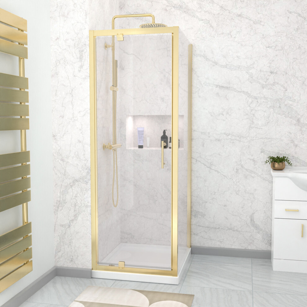 Nes Home Brushed Brass 700 x 700mm Pivot Door Shower Enclosure Panel & Tray Set