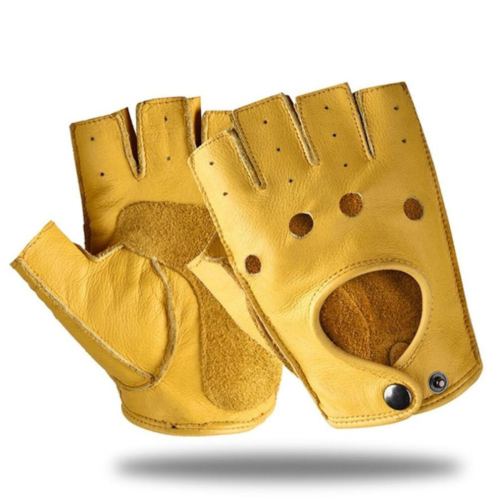 (yellow, M) Leather Gloves Men&apos;s Winter Fitness Sports Outdoor Tactical Motorcycle Riding Gloves Half-finger Gloves