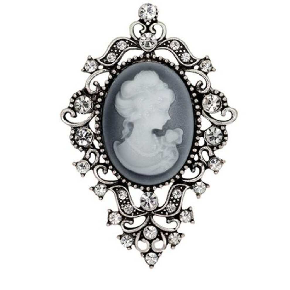(silver) Vintage Rhinestone Bouquet Women Beauty Head Cameo Brooch Pins Jewelry Gift