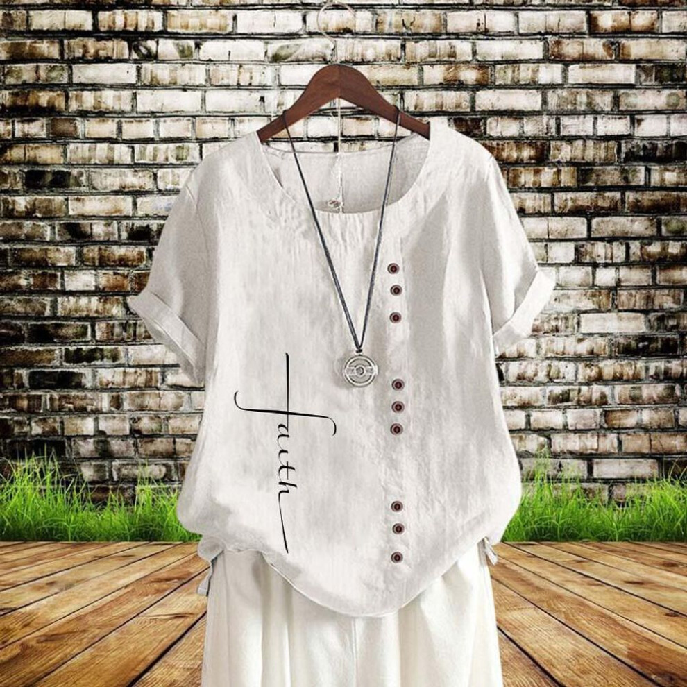 (white, XS) Women's Plus Size T-Shirt, Vintage Linen, Round Neck