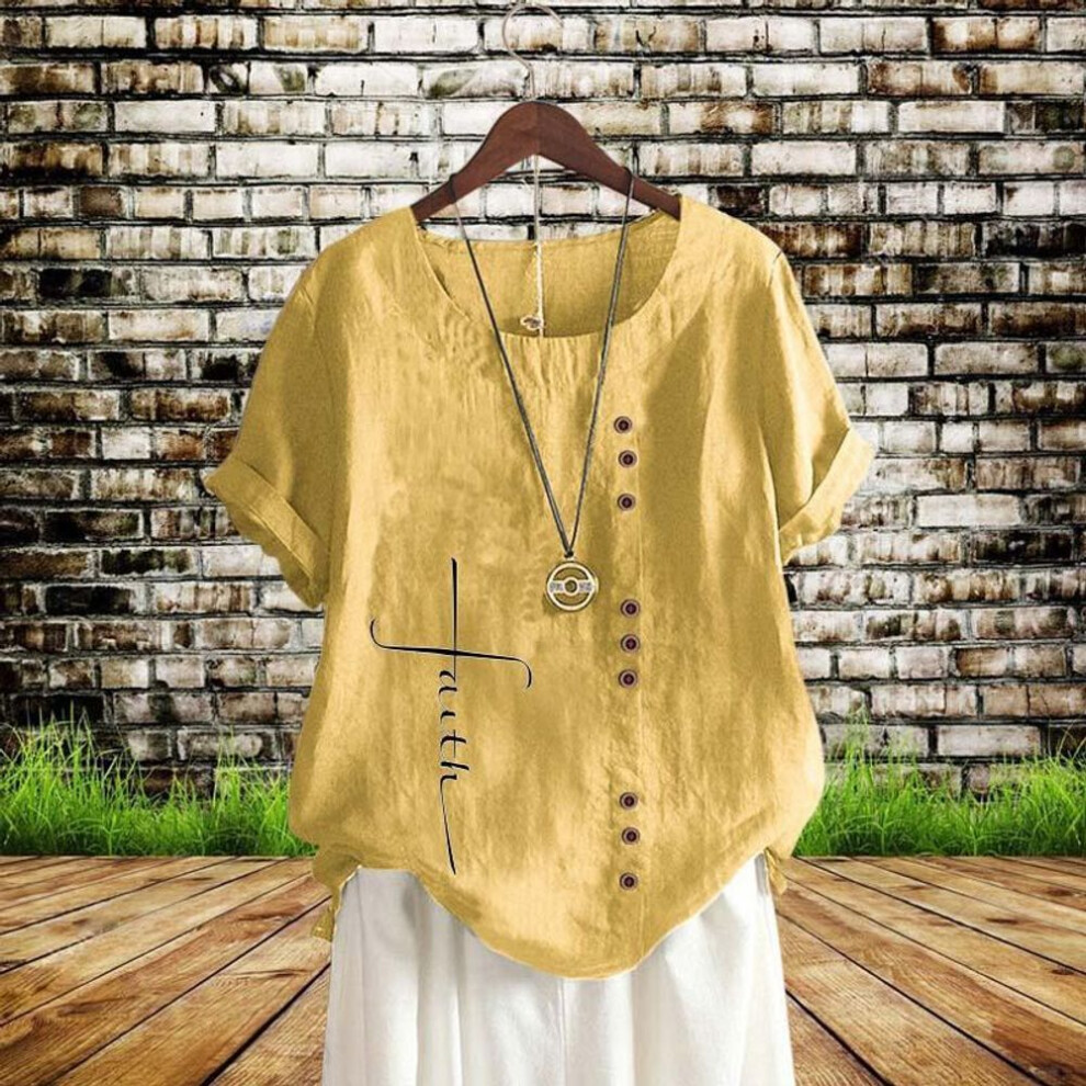 (yellow, 4XL) Women's Plus Size T-Shirt, Vintage Linen, Round Neck