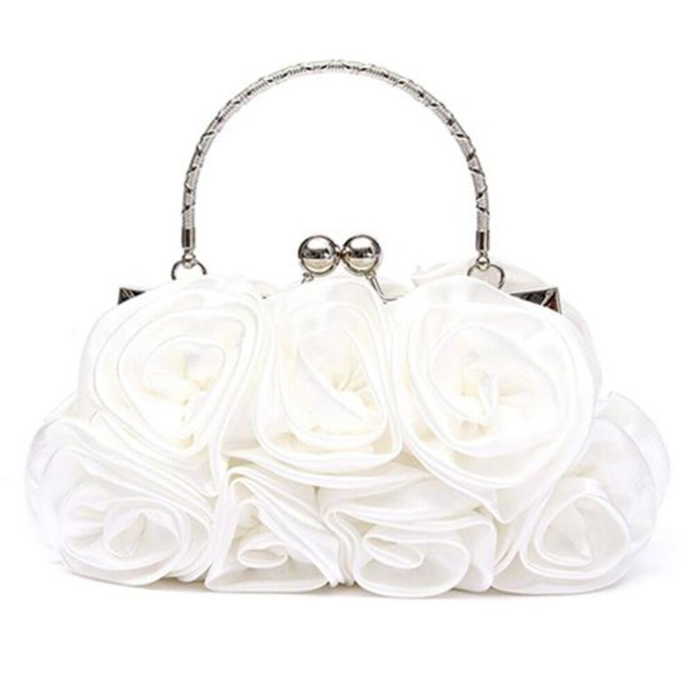 (white) Women Rose Flower Silk Handbag Bridal Clutch Wedding Evening Party Bag