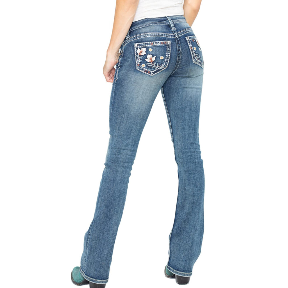 QJBMEI Jean bootcut slim extensible brod? de fleurs pour femme taille mi-haute W