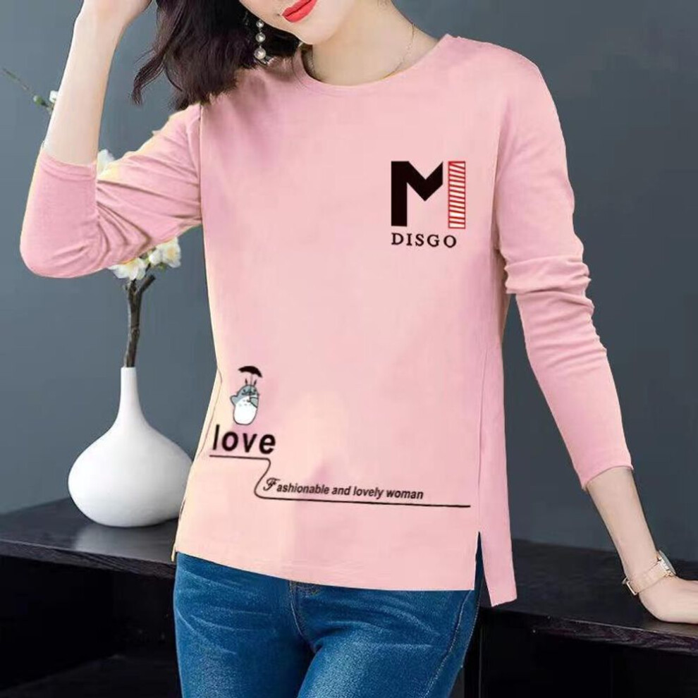 (pink, L) Spring Autumn Long Sleeve Crew Neck T Shirts Pullover Cute Letter Printed Casual Tops Ladies Blouse