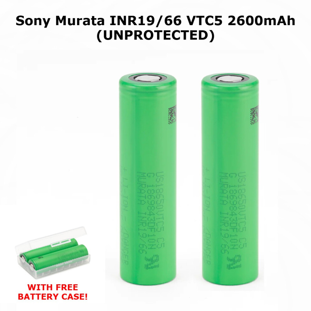 (4 PACK) Sony Murata VTC5 INR 18650 2600mAh 3.6V High-Drain 20A Lithium Ion (Li-ion) Unprotected Flat Top Batteries With Battery Case