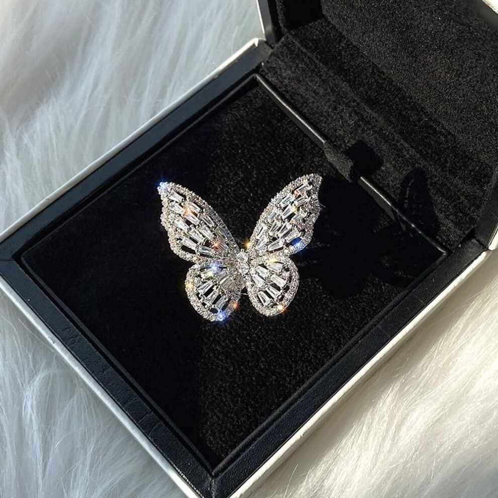 (silver, Resizable) New Fashion Jewelry Opening High Grade Copper Zircon Butterfly Ring Luxury Shiny Ladies Cocktail Ring