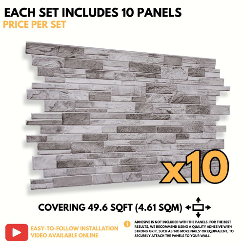 (Light Grey, Set of 10) 3D Wall Panels (96x48cm) Brick & Stone Effect Wall Cladding Panels 2