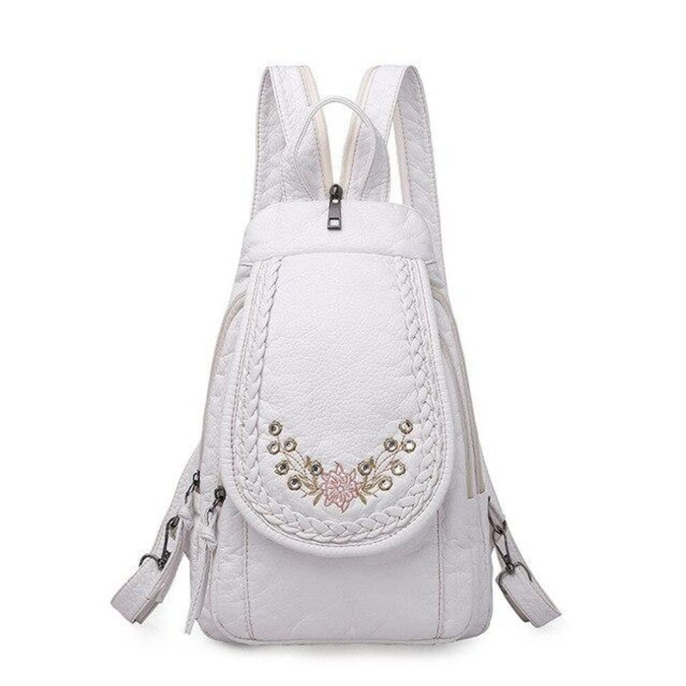 (cool white, 20x8x30cm) Fashion Ladies Embroidery Small Backpack High Quality Soft Washed Leather Backpack Women Multifunction Backpack