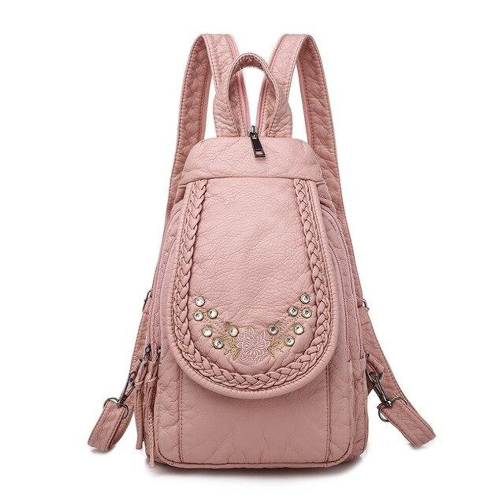 (light pink, 20x8x30cm) Fashion Ladies Embroidery Small Backpack High Quality Soft Washed Leather Backpack Women Multifunction Backpack