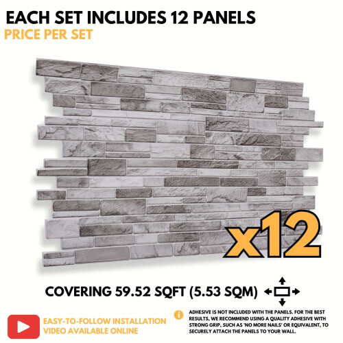 (Light Grey, Set of 12) 3D Wall Panels (96x48cm) Brick & Stone Effect Wall Cladding Panels 2