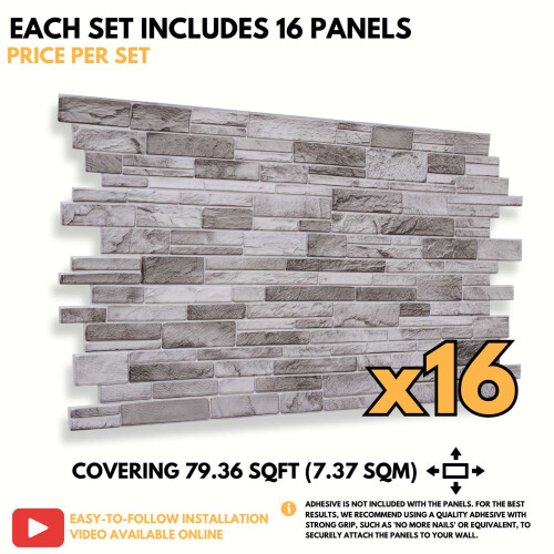 (Light Grey, Set of 16) 3D Wall Panels (96x48cm) Brick & Stone Effect Wall Cladding Panels 2