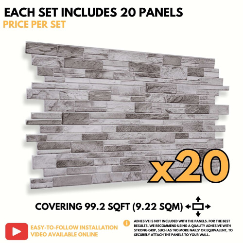 (Light Grey, Set of 20) 3D Wall Panels (96x48cm) Brick & Stone Effect Wall Cladding Panels 2