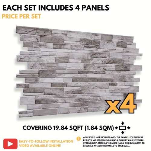 (Light Grey, Set of 4) 3D Wall Panels (96x48cm) Brick & Stone Effect Wall Cladding Panels 2