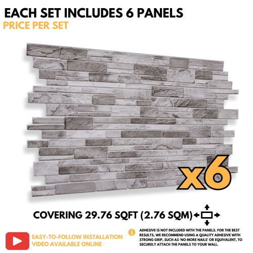 (Light Grey, Set of 6) 3D Wall Panels (96x48cm) Brick & Stone Effect Wall Cladding Panels 2