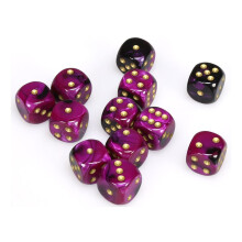 Kocka D6 16mm Gemini, priesvitn , cierno-fialov so zlatom, sada 12 kusov