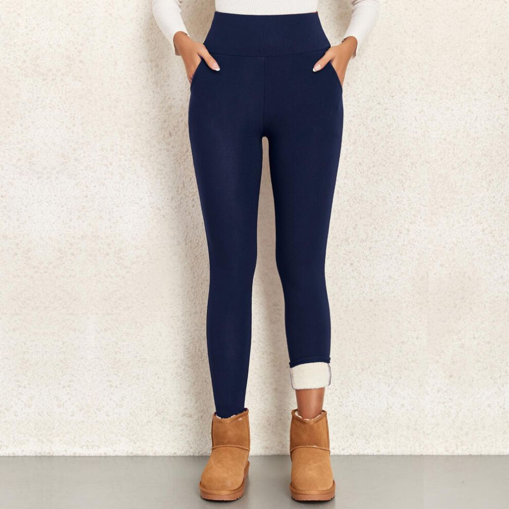 (navy blue, S) Lamb Wool Leggings With Pockets Women Winter Warm Thick Velvet Pants High Waist Thermal Fleece Tights