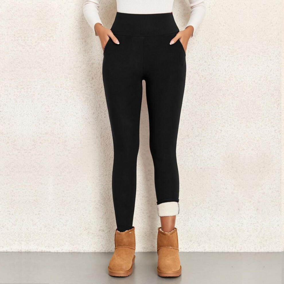 (black, S) Lamb Wool Leggings With Pockets Women Winter Warm Thick Velvet Pants High Waist Thermal Fleece Tights