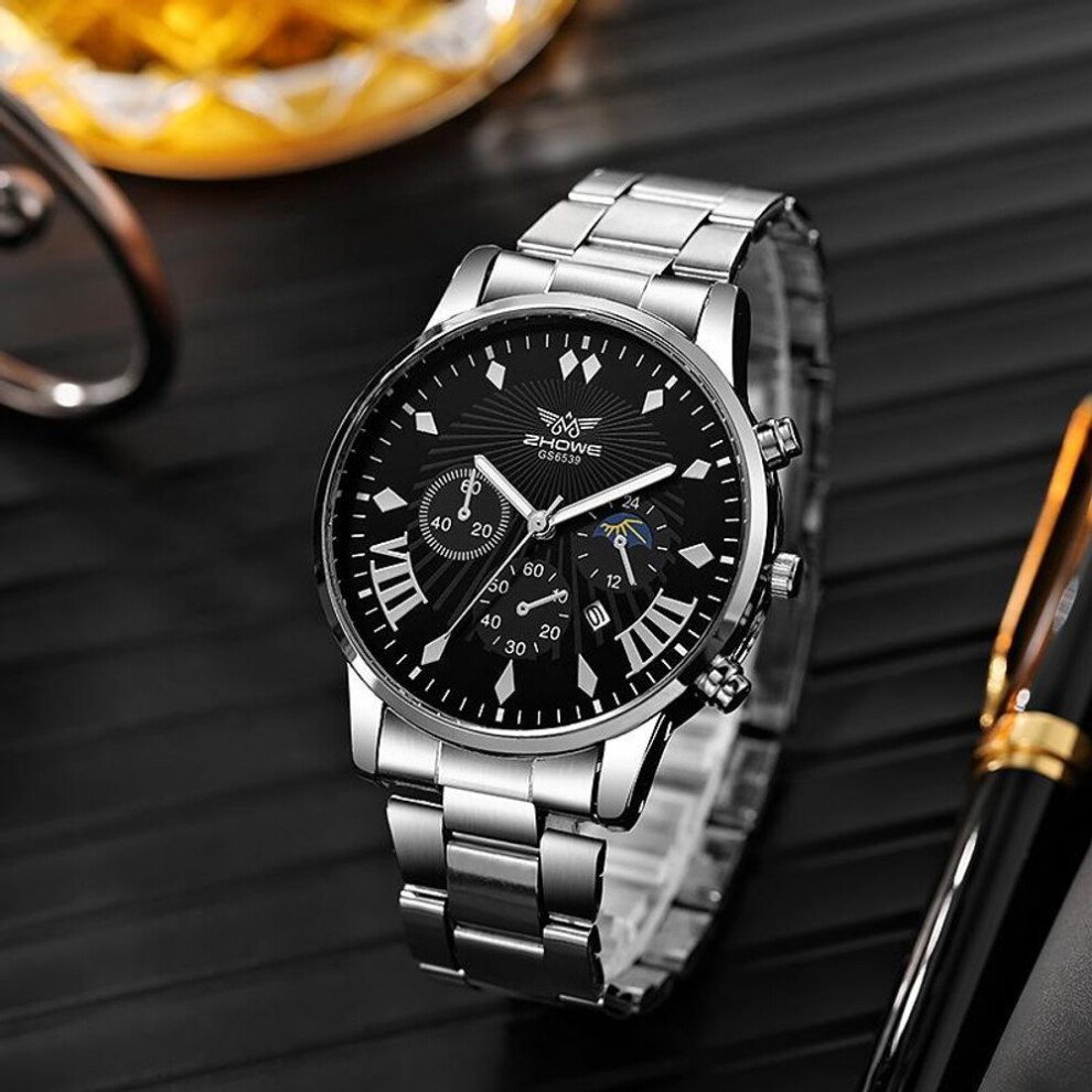 (black,white) Men&apos;s Stainless Steel Quartz Watch With Date Display