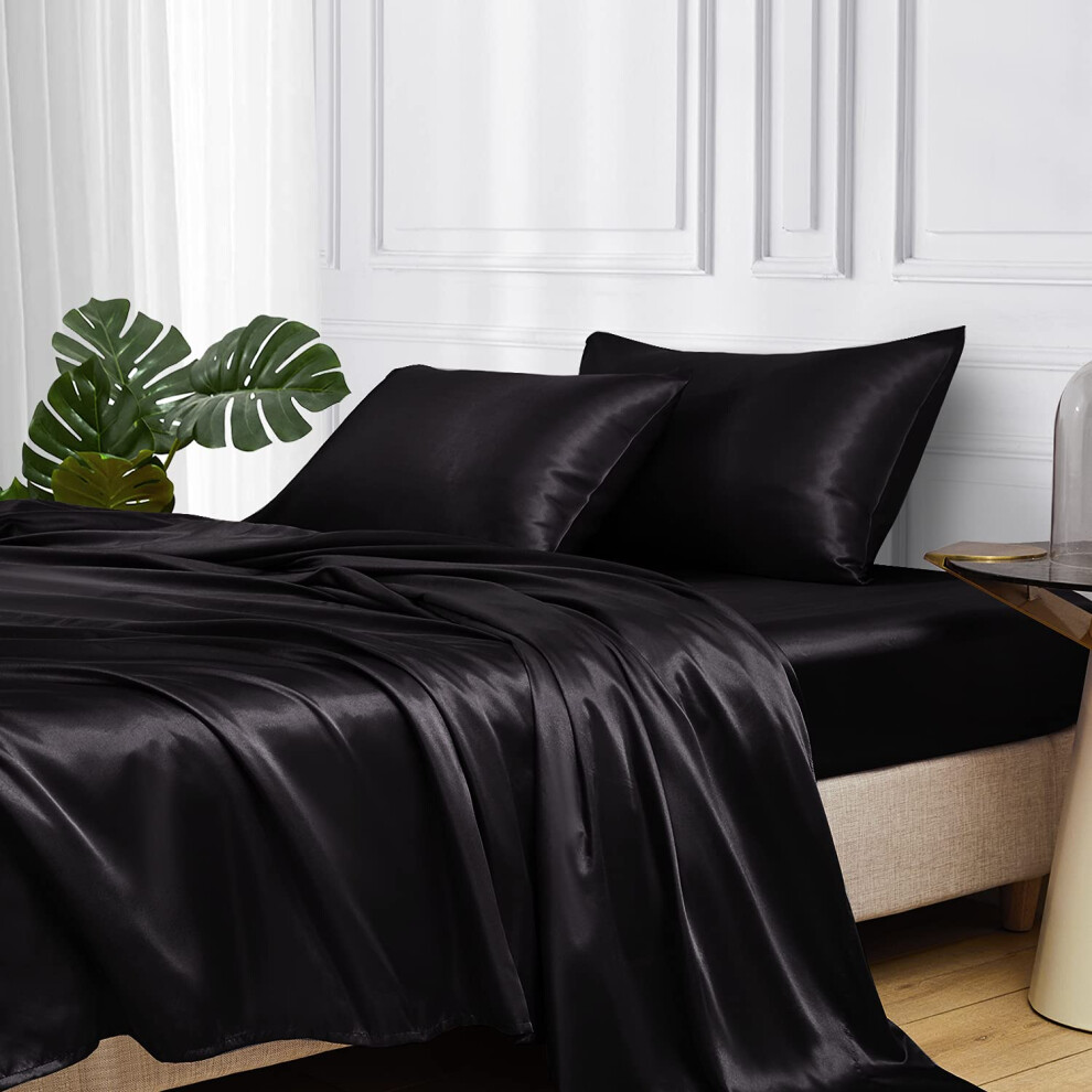 Parure de lit MR&HM en satin pour lit double XL, 3 pi   ces, soyeuse, avec poche profonde de 38 cm pour matelas (Twin XL Noir)