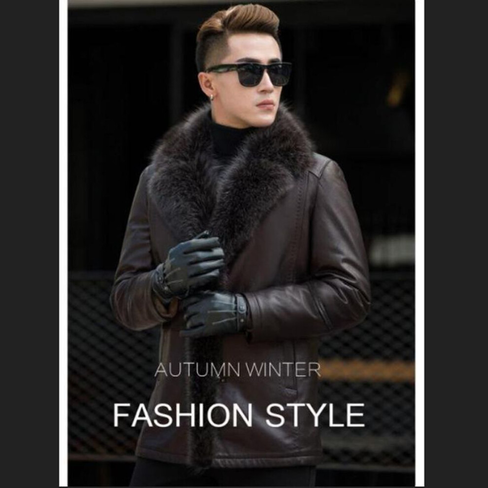 (dark brown, XXXL) Fur Men&apos;s Raccoon Fur Collar Mid-Length Thickened Fur One Men Genuine Leather Clothes Men Fur Overcoat Coat
