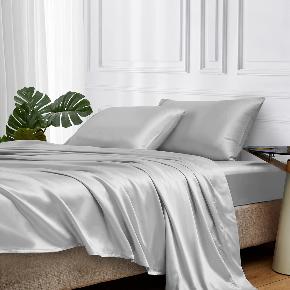 Parure de lit MR&HM en satin, King Size, 4 pi   ces, soyeuse, avec poche profonde de 38 cm pour matelas (King, gris argent   )