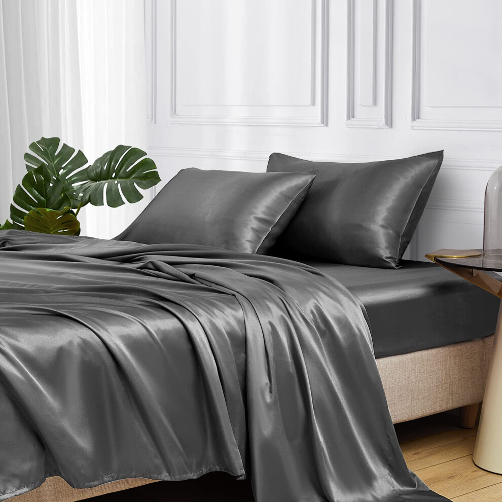 Parure de lit MR&HM en satin pour lit double, 3 pi   ces, soyeuse, avec poche profonde de 38 cm pour matelas (Gris fonc    pour lit double)