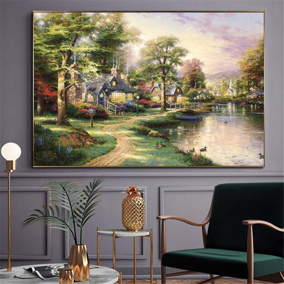 (navy blue, 60x90 CM Unframed) New Abstract Oil Painting Canvas Prints Mountain Landscape Posters And Prints Wall Decor Lamplight Nature House Cottage