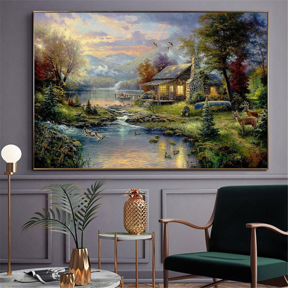 (green, 50x75 CM Unframed) New Abstract Oil Painting Canvas Prints Mountain Landscape Posters And Prints Wall Decor Lamplight Nature House Cottage