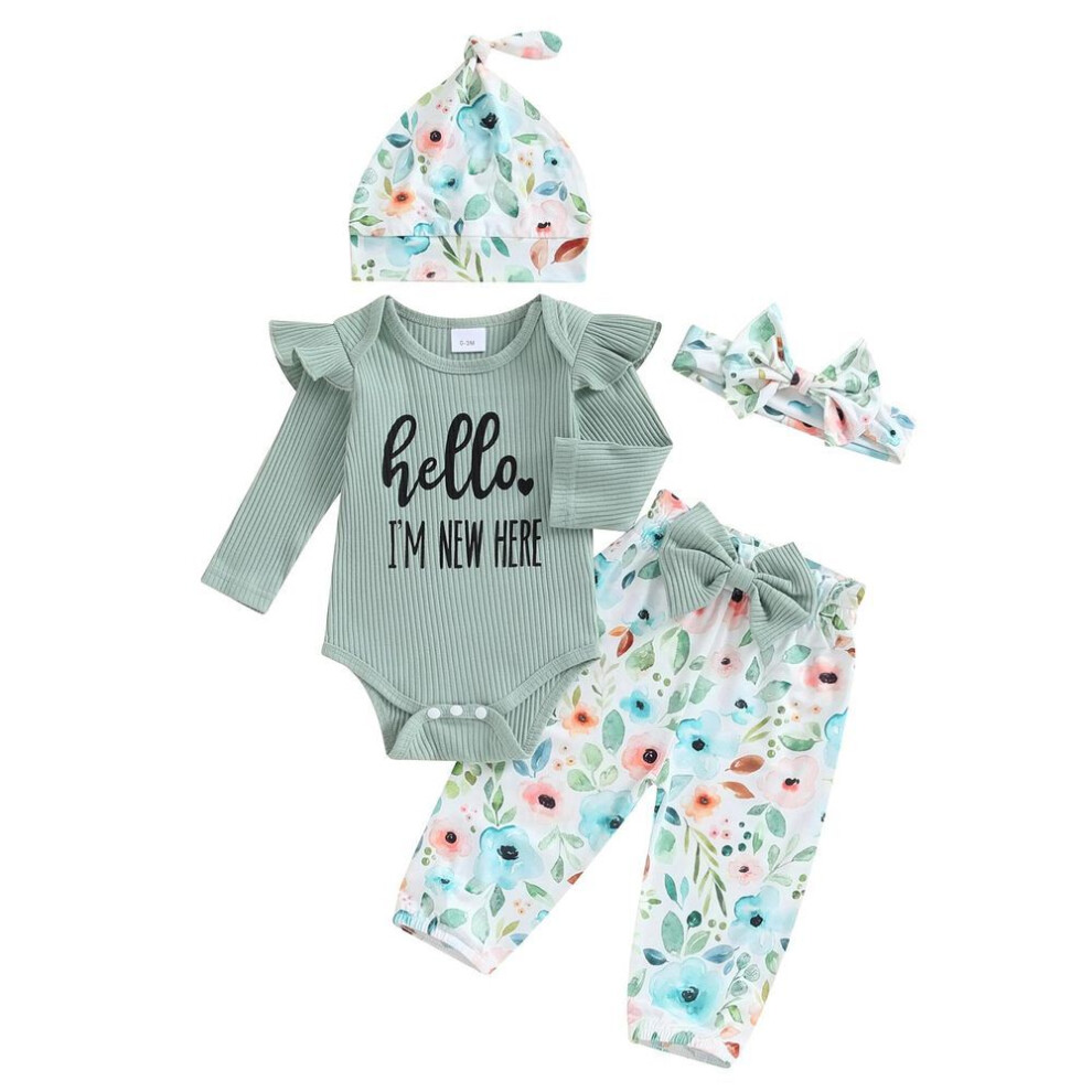 (green, Newborn) Infant Girl Fall 4Pcs Outfit 3M 6M Letter Print Long Sleeve Romper with Flower Pants and Hat Bow Headband Set