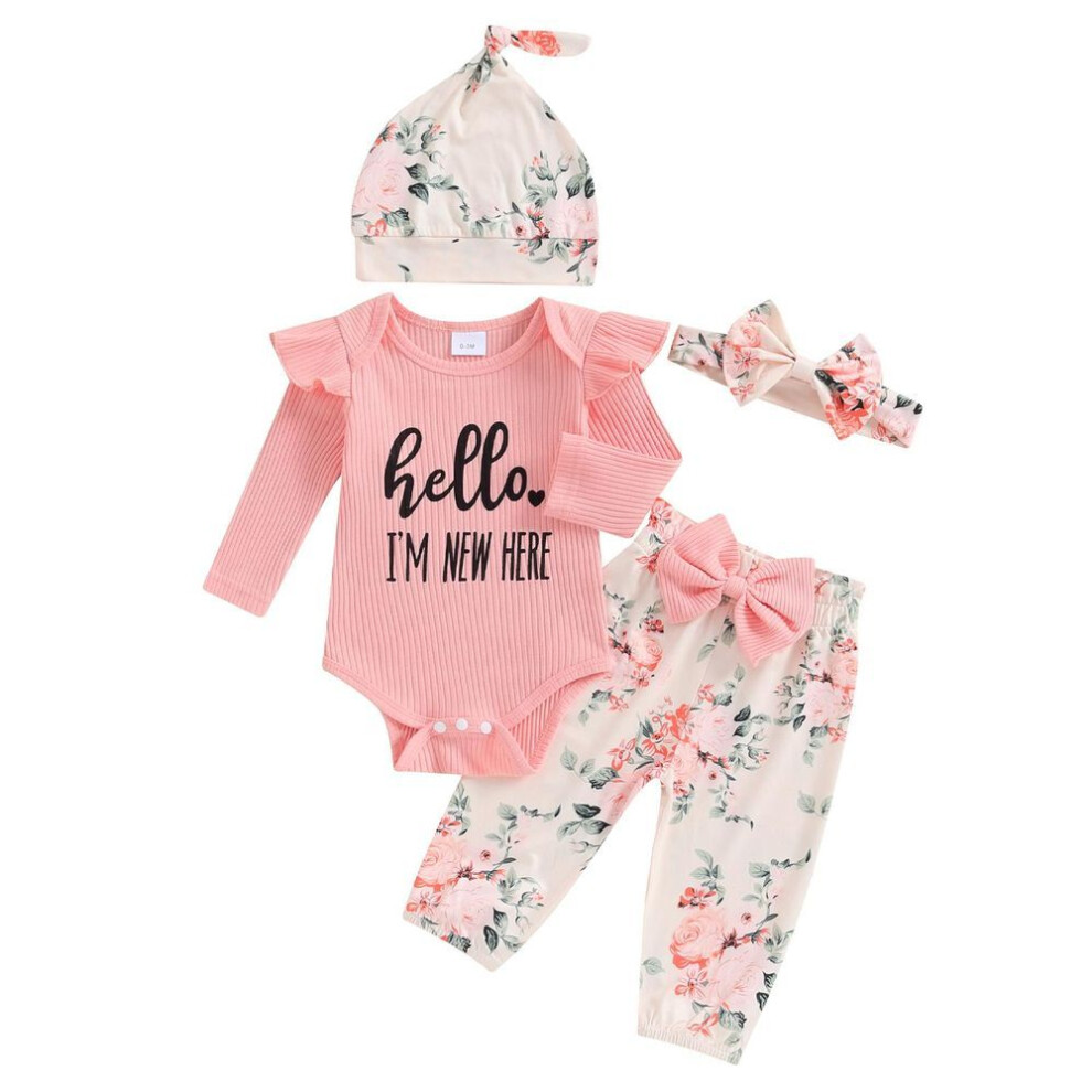 (pink, 0-3 Months) Infant Girl Fall 4Pcs Outfit 3M 6M Letter Print Long Sleeve Romper with Flower Pants and Hat Bow Headband Set