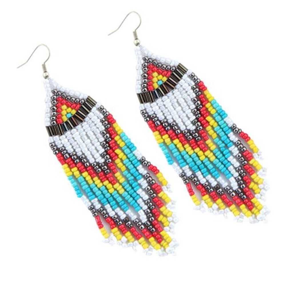 (white) Women Bohemian Long Beaded Tassel Drop Dangle Hook Earrings Party Jewelry Gift