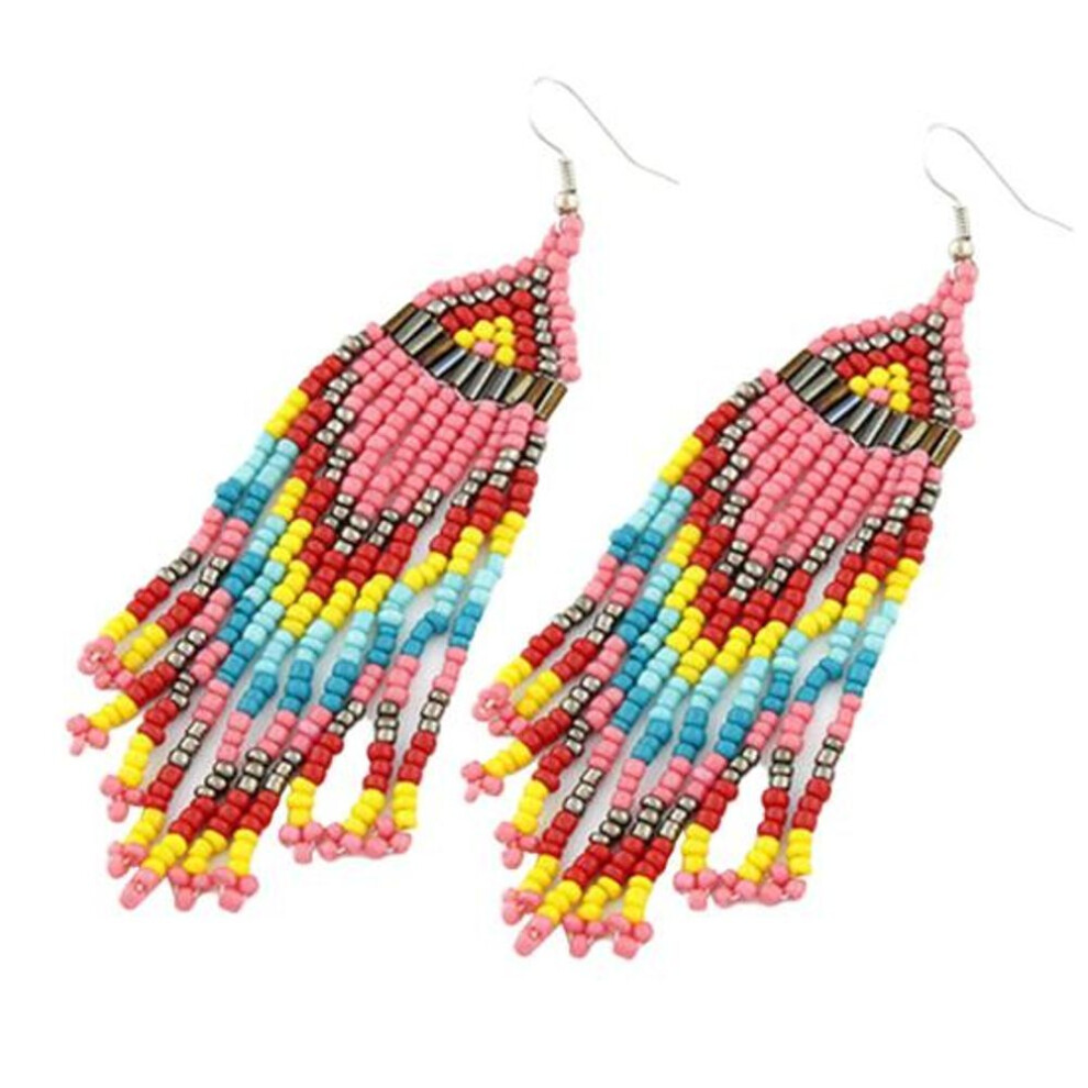 (pink) Women Bohemian Long Beaded Tassel Drop Dangle Hook Earrings Party Jewelry Gift