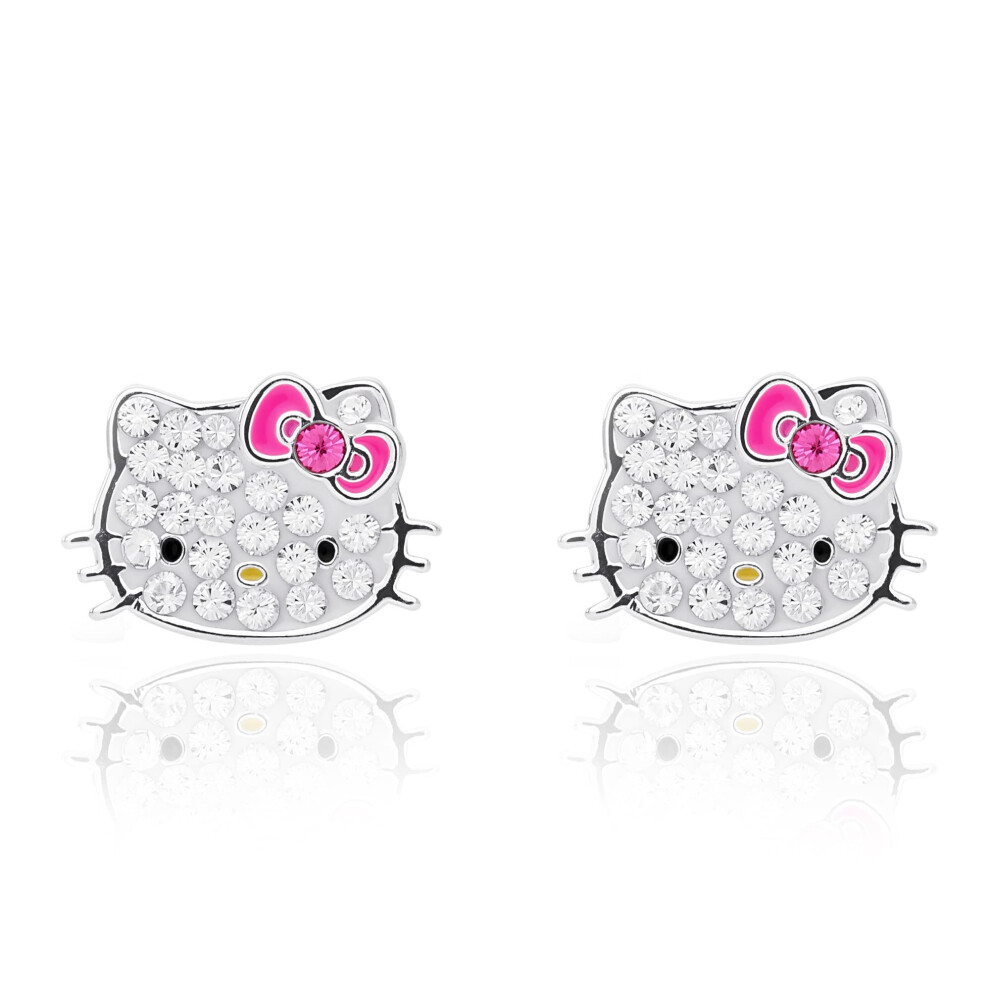Kitty Kitty Corporation Sanrio Hello Kitty Womens Clear Crystal Stud Earrings - Silver Plated Hello Kitty Earrings Officially Licensed