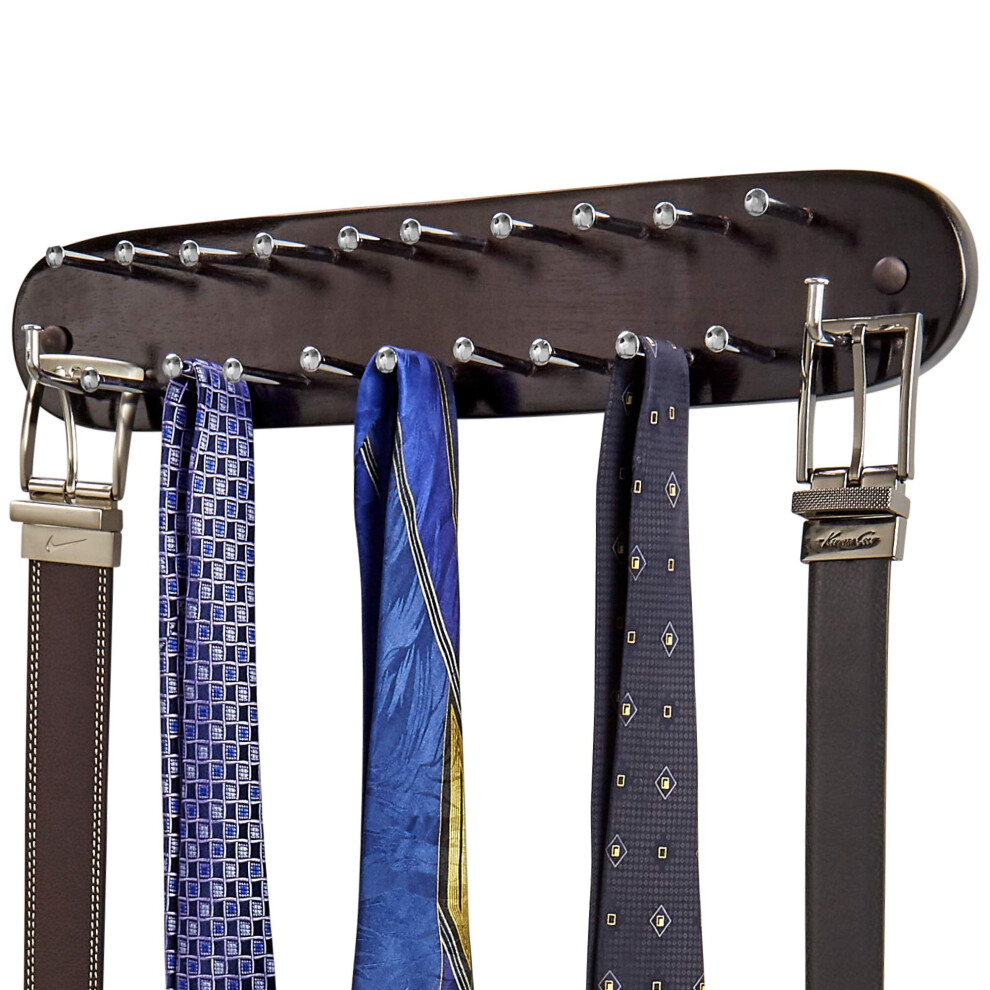 Richards Homewares Tie Rack Wall Mounted - Wood Belt Scarf Hanger with 21 Chrome Hooks for Closet for Storage and Organization Walnut