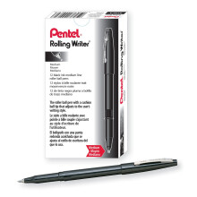 Pentel Rolling Writer Pen  0.8 Millimeter Cushion Ball Tip  Black Ink  12 pens (R100-A)
