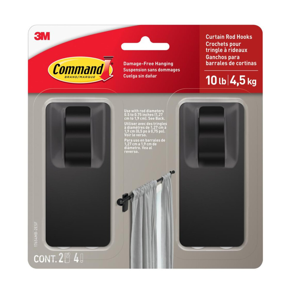 Commando Industries Command Matte Curtain Rod Hooks With Command Strips, Hang Curtain Rods No Drilling, Holds Up To 10 Lbs Black