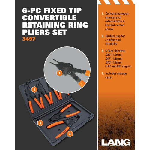 Lang Tools (3497 6-Piece Fixed Tip Combination Internal/External Snap Ring Pliers Set, Black 1