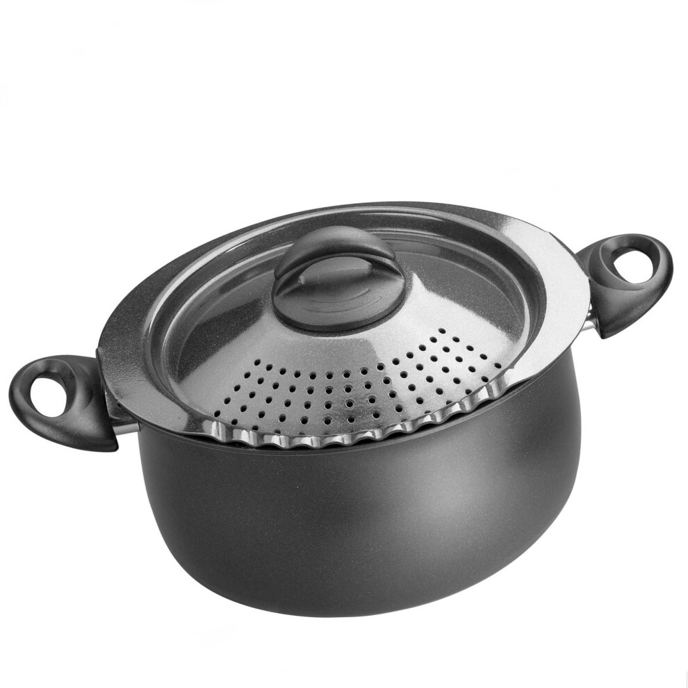 Bialetti Oval Aluminum 55 Quart Pasta Pot with Strainer Lid, Nonstick, Black