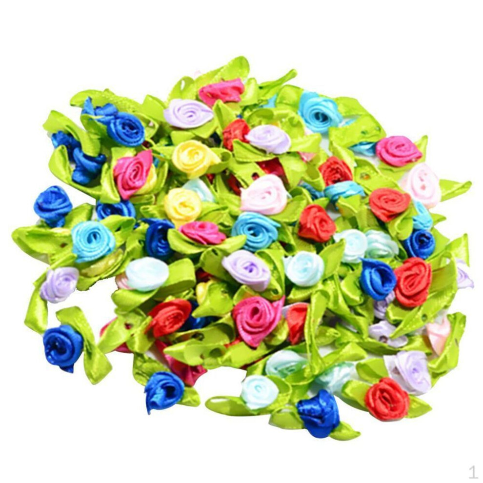 100 Pieces Satin Ribbon Tiny Rolled Flower with Green Leaves Wedding Decor Craft Sewing