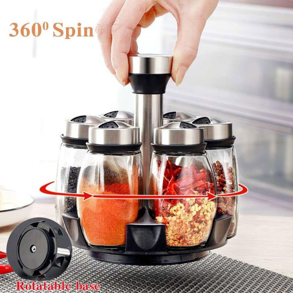 (black) Spice Jar Set Rack Glass Organizer Rotating Glass Seasoning Sugar Pepper Bottles Salt Shakers Holder Kitchen Storage Rack