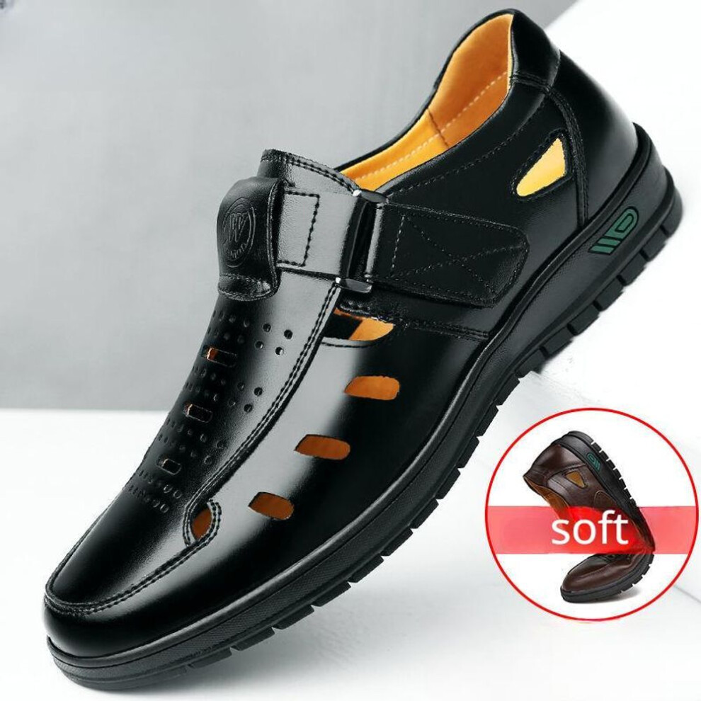 (black, 40) Summer Hollow Leather Sandals Men&apos;s Casual Breathable Soft Bottom Soft Surface Hole Shoes Middle-aged Business Dad Shoes
