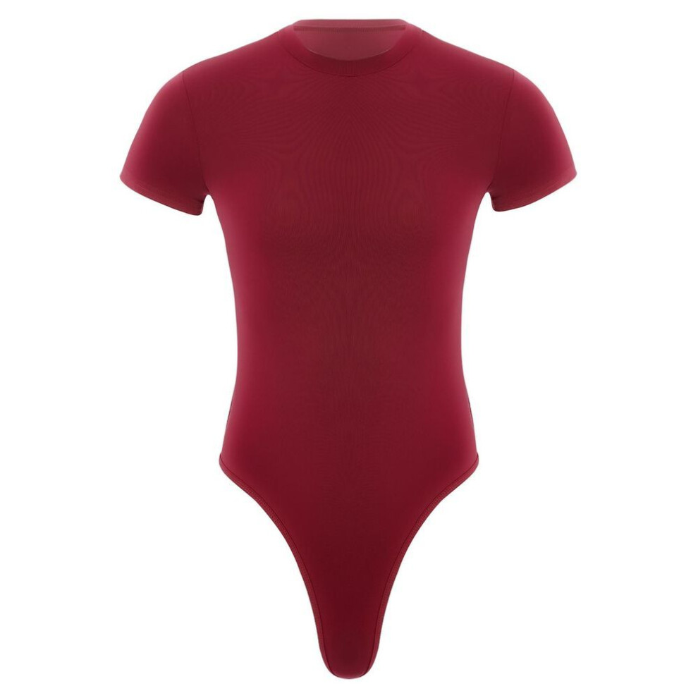 (burgundy, L) Men&apos;s One Piece Thongs Bodysuit Short Sleeve Button Crotch Shirt Leotard Snappies Rompers Jumpsuit